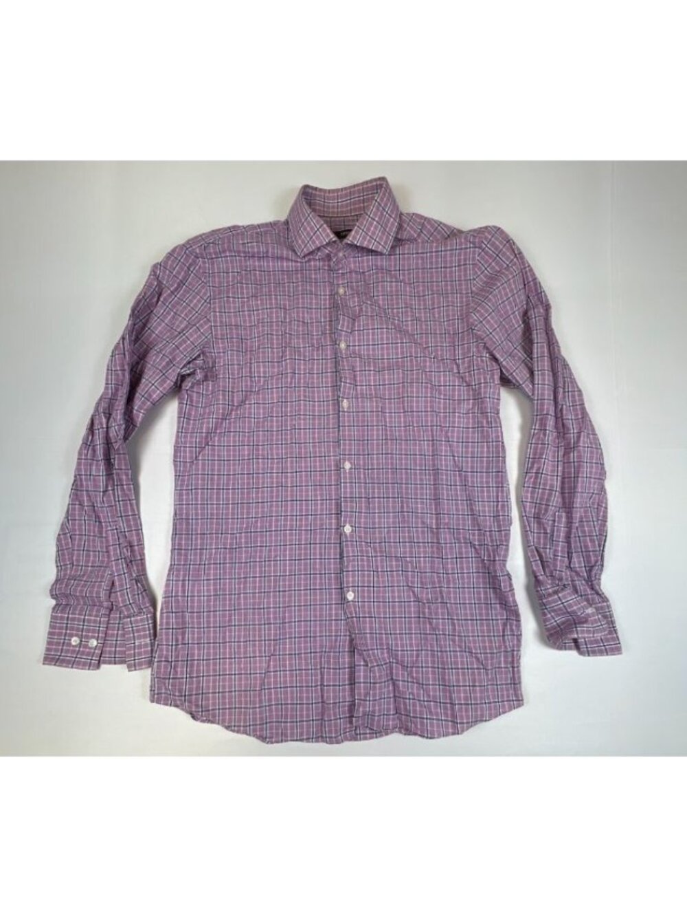 Hugo Boss Men Size 16 34/35 Slim Fit Purple Plaid Long Sleeve Button Down Shirt